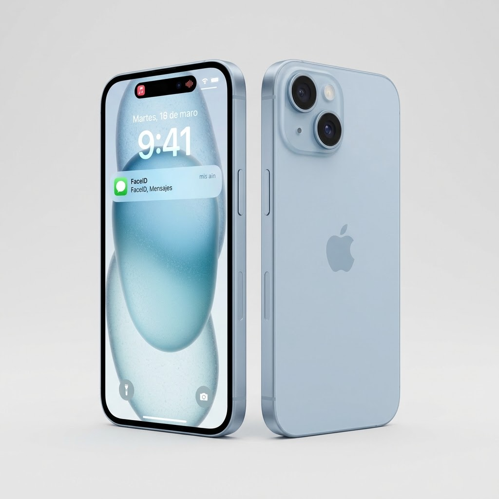 Apple iPhone 15 en color azul, vista frontal y trasera