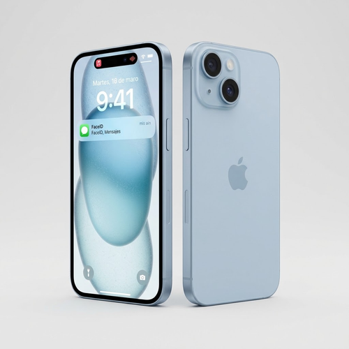 Apple iPhone 15 en color azul, vista frontal y trasera