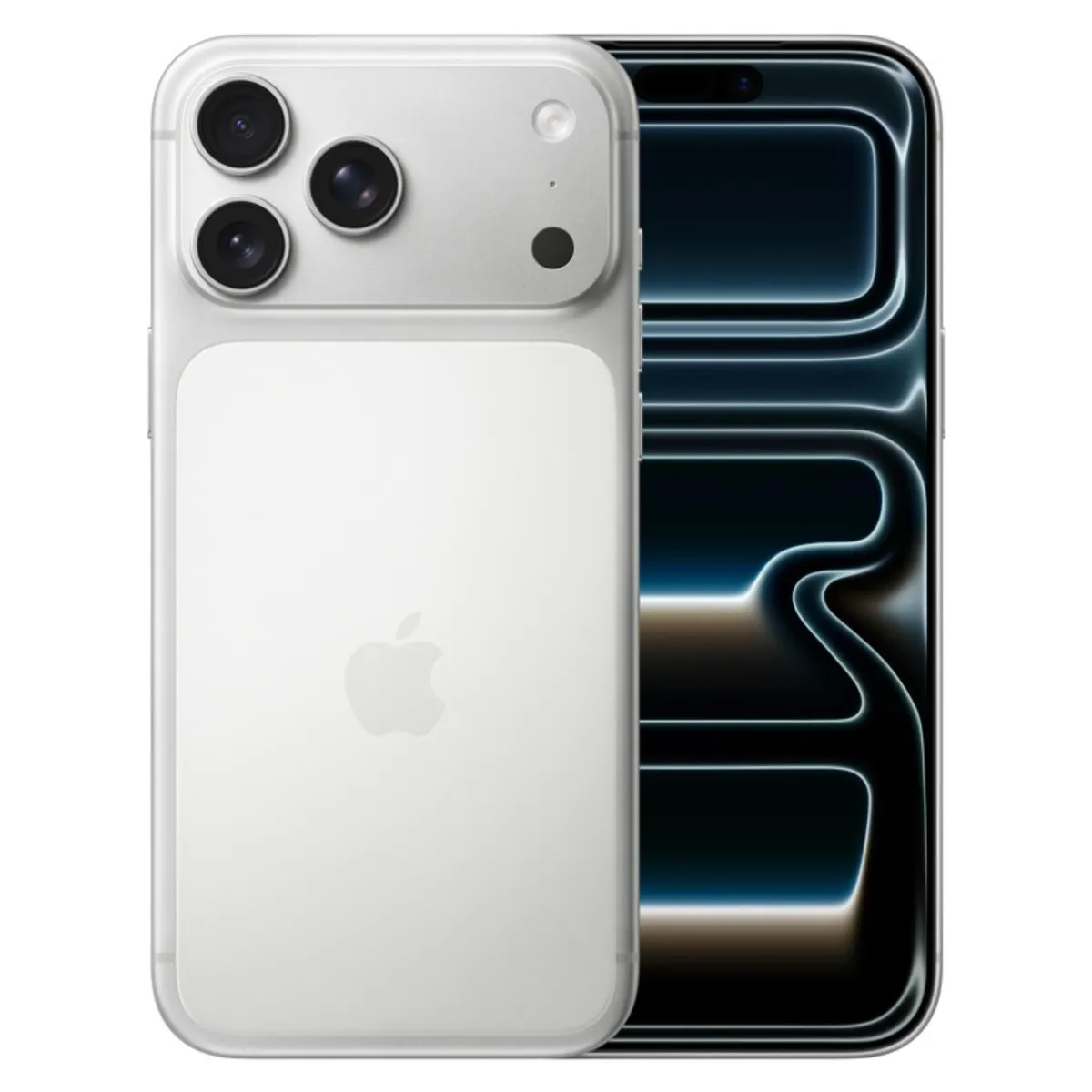 Apple iPhone 17 Pro Max en titanio blanco, vista trasera y frontal