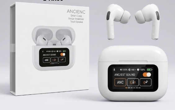 Audífonos Inalámbricos ANC/ENC Smart Case con Pantalla Táctil LCD - Vista frontal con estuche y auriculares
