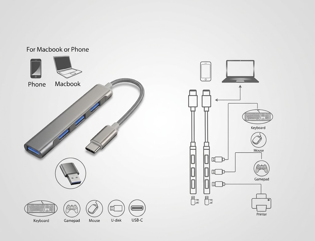 Hub Adaptador USB Tipo C a 4 Puertos USB 3.0 y 2.0 C-809 - Vista con diagrama de compatibilidad