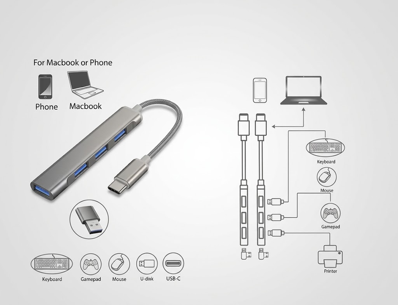 Hub Adaptador USB Tipo C a 4 Puertos USB 3.0 y 2.0 C-809 - Vista con diagrama de compatibilidad