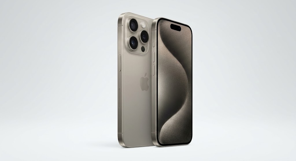 Apple iPhone 15 Pro Max en titanio natural, vista frontal y trasera