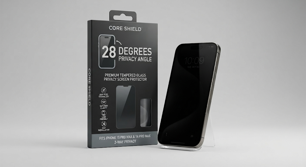 Lámina de Vidrio Templado de Privacidad 28° Core Shield para iPhone - Empaque y aplicación