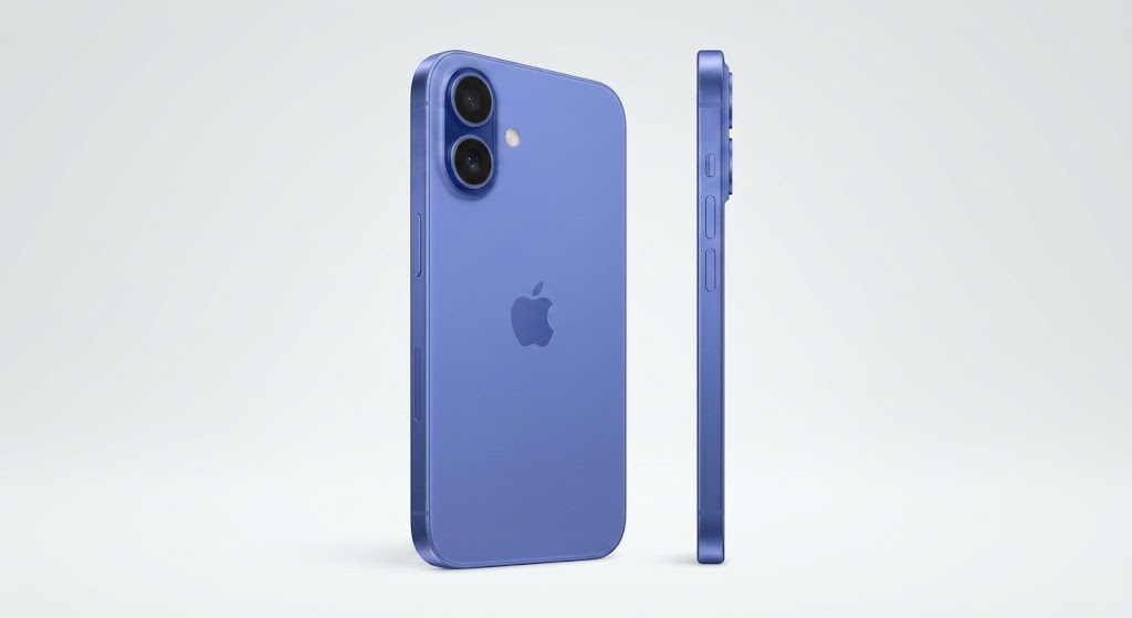 Apple iPhone 16 en color ultramar azul, vista trasera y lateral