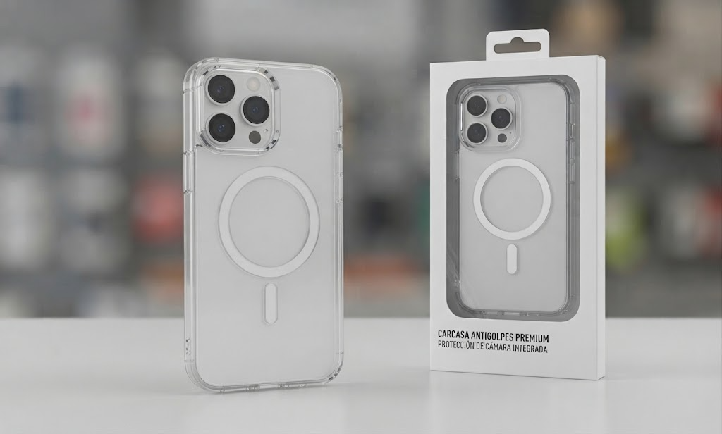 Carcasa Antigolpes Transparente con Protección de Cámara para iPhone - Vista frontal y empaque