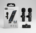Set 2 Micrófonos Inalámbricos K11 Lightning para iPhone - Vista completa con caja y accesorios