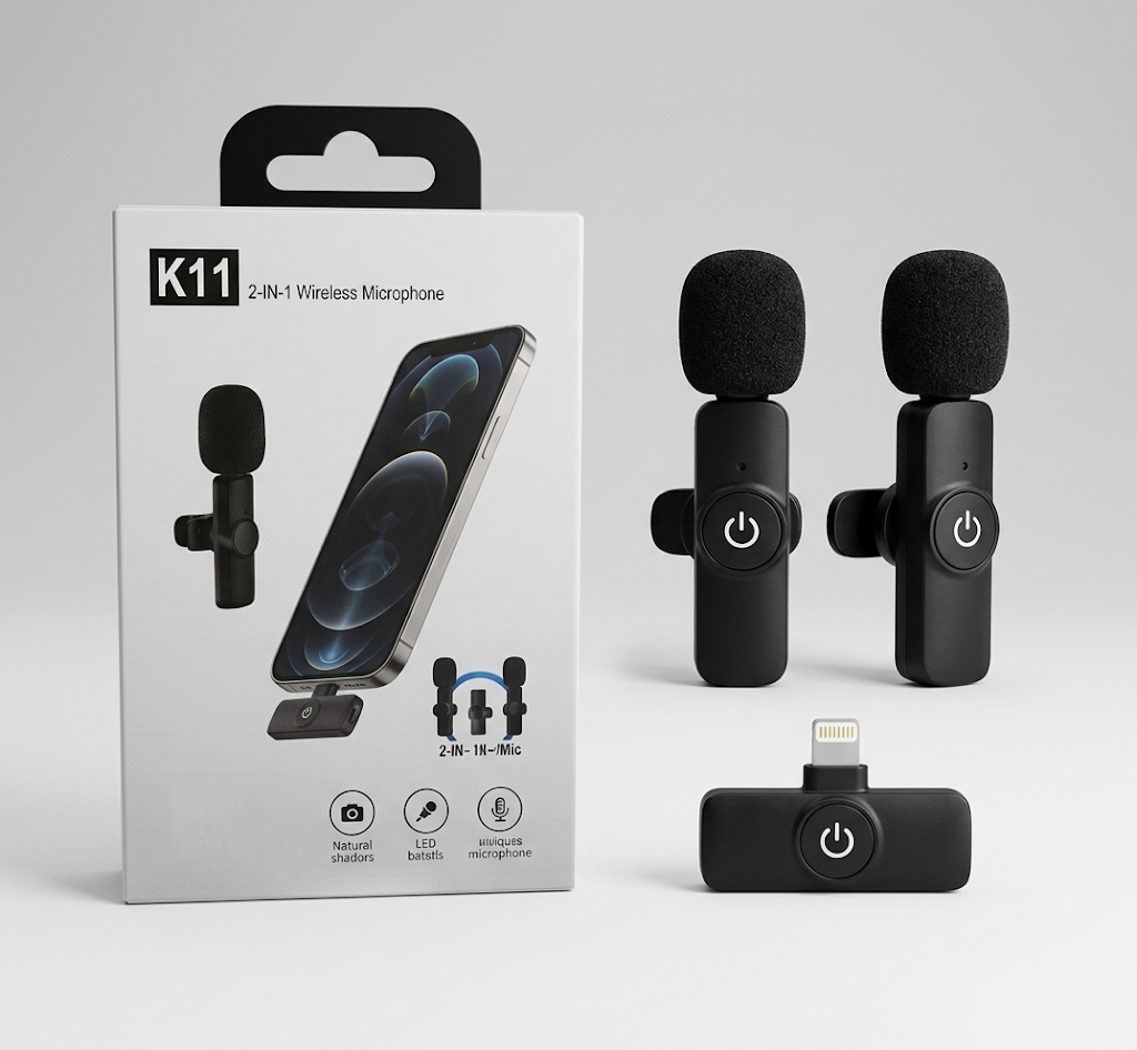 Set 2 Micrófonos Inalámbricos K11 Lightning para iPhone - Vista completa con caja y accesorios