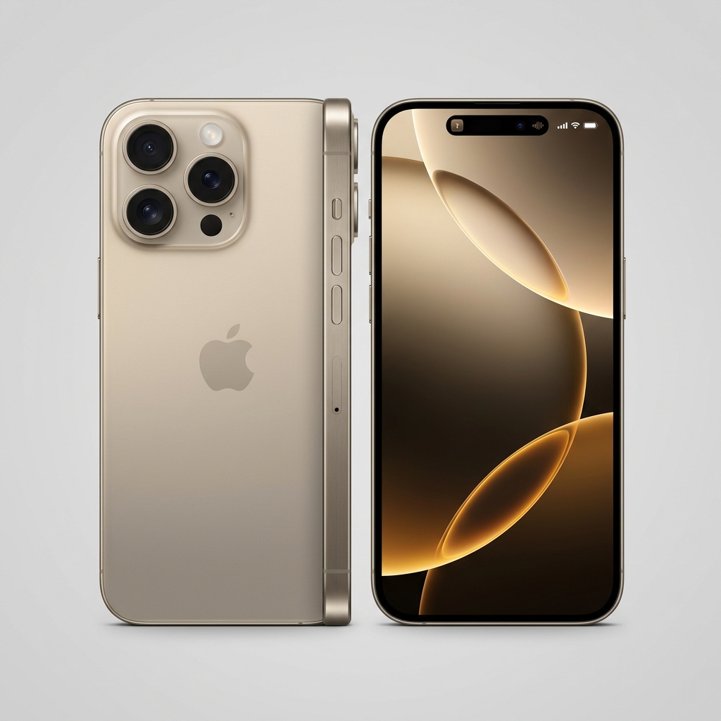 Apple iPhone 16 Pro en titanio dorado del desierto, vista trasera y frontal