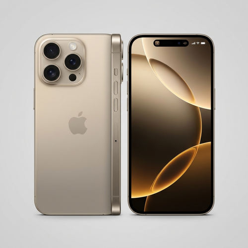 Apple iPhone 16 Pro en titanio dorado del desierto, vista trasera y frontal