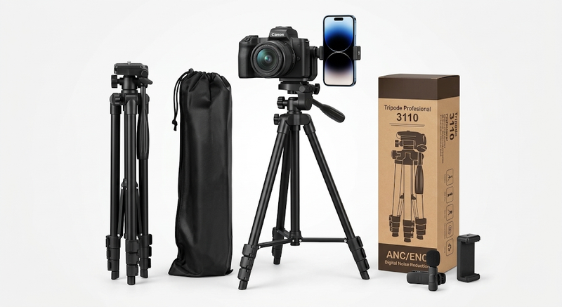Trípode Universal 3110 de Aluminio para Celular y Cámara con funda de transporte - Vista completa con cámara y caja