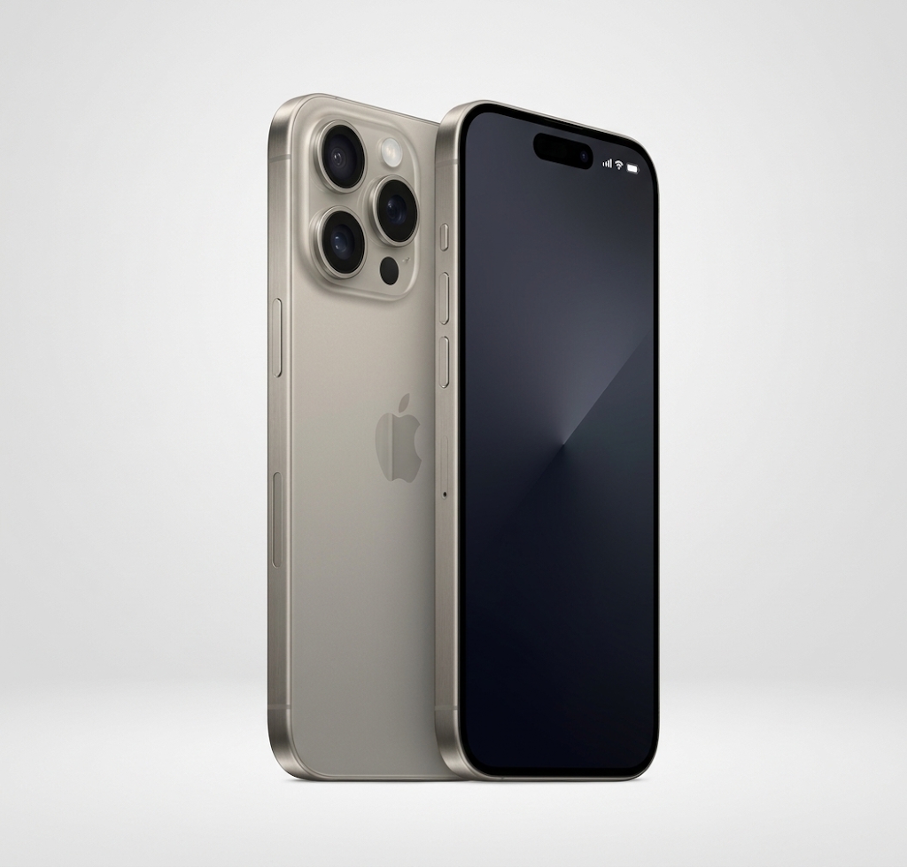 Apple iPhone 15 Pro en titanio natural, vista frontal y trasera